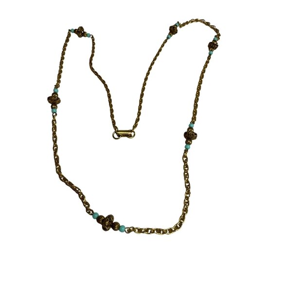 Gold Chain Necklace Drop Earrings Set Faux Turquoise Beads Vintage-Inspired - Picture 7 of 7